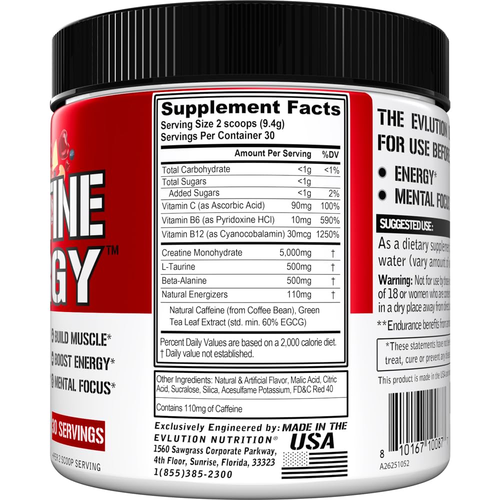 Evlution Creatine Energy scoop highlights precise 5 g creatine serving.