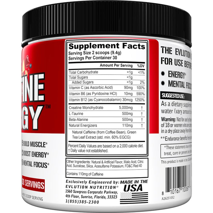 Evlution Creatine Energy scoop highlights precise 5 g creatine serving.
