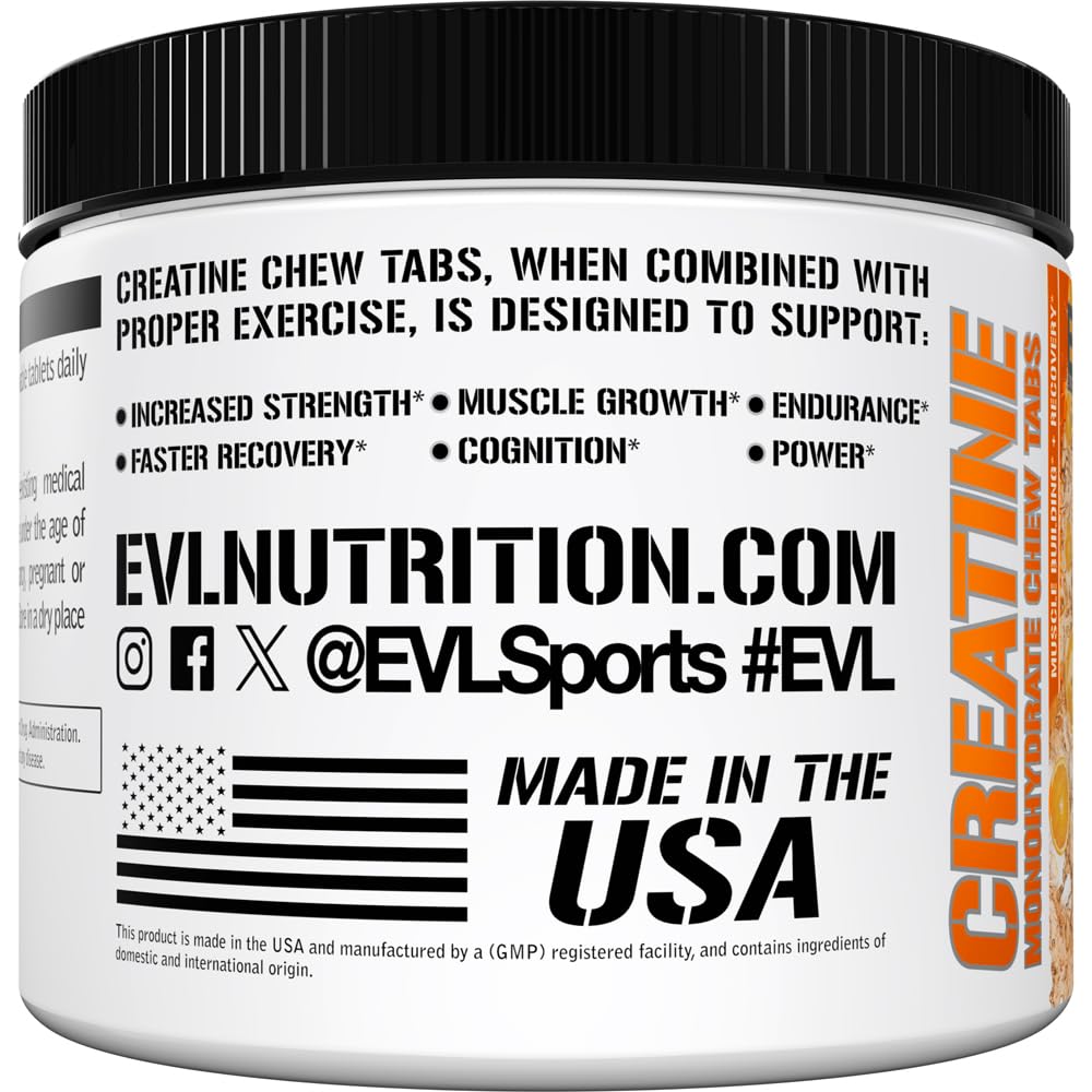 Evlution Creatine Monohydrate chew tabs laid out for a workout-ready routine.