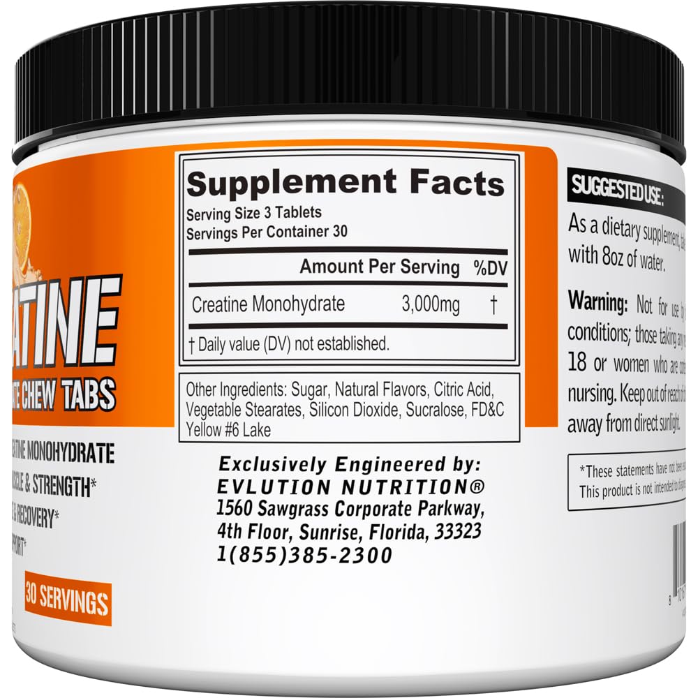 Evlution Creatine Monohydrate chew tabs label showing easy daily dosage.