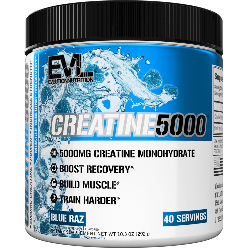 EVLution Creatine5000 bottle with Blue Raz flavor for enhanced workout focus