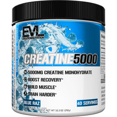 EVLution Creatine5000 bottle with Blue Raz flavor for enhanced workout focus