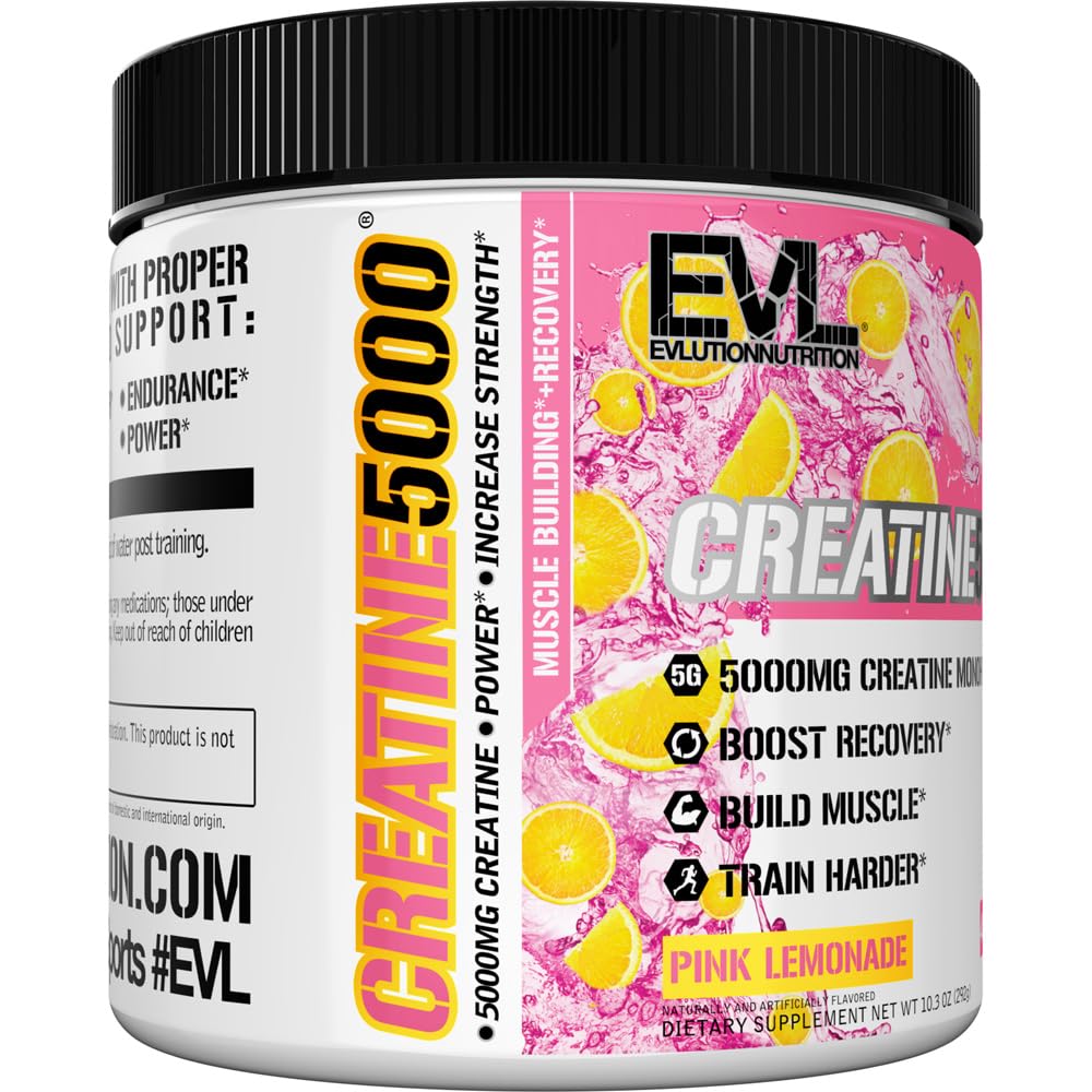 EVLUTION Creatine5000 bottle in hand suggests convenient daily performance support.