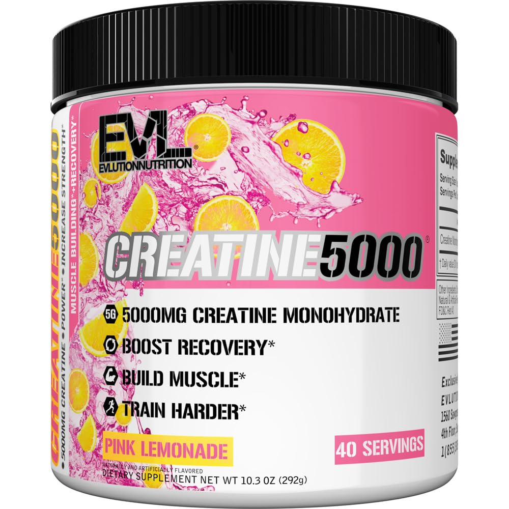 EVLUTION Creatine5000 pink lemonade powder scoop for post-workout support and lean gains.