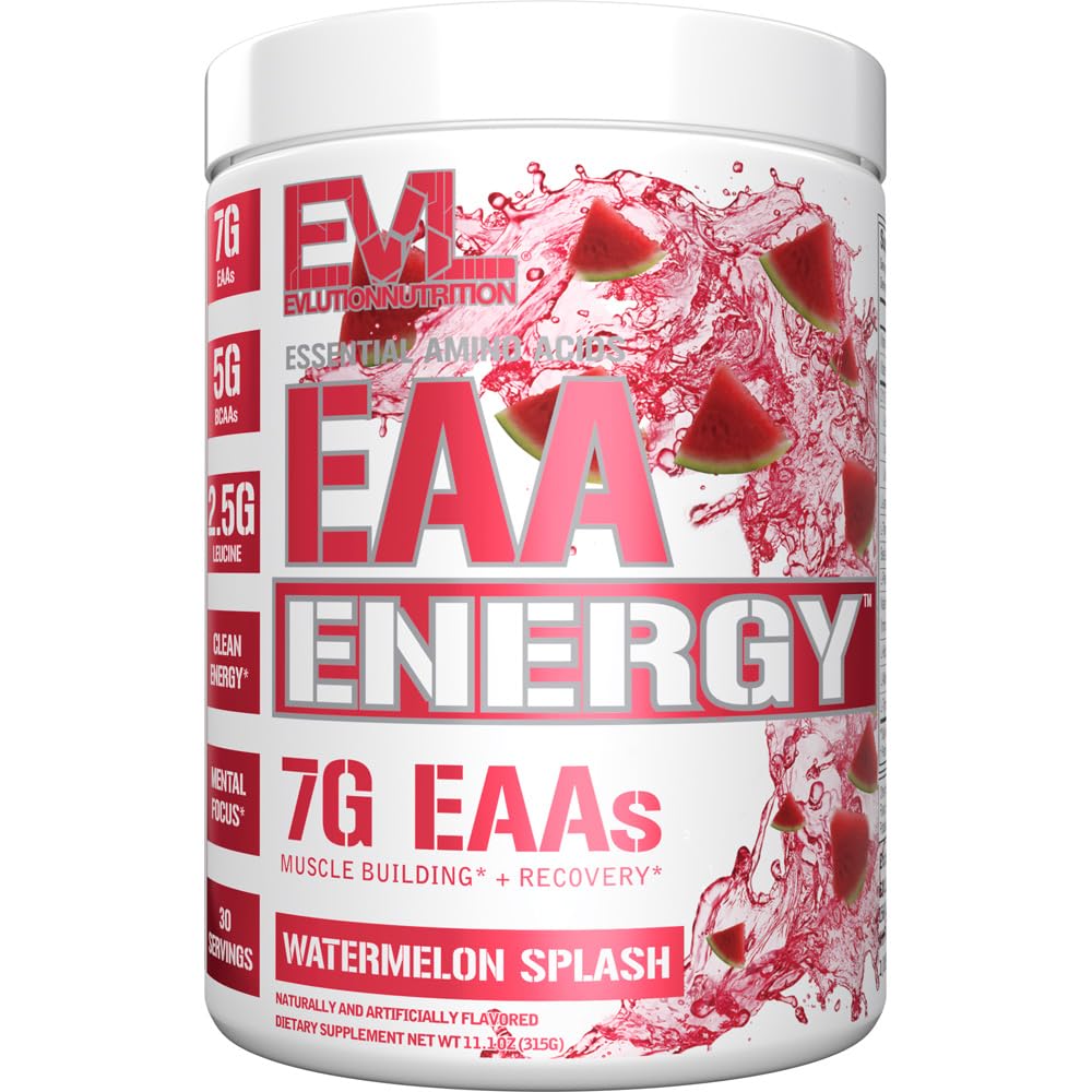 EVL EAA Energy Watermelon Splash pack shot highlighting amino acid blend for workouts
