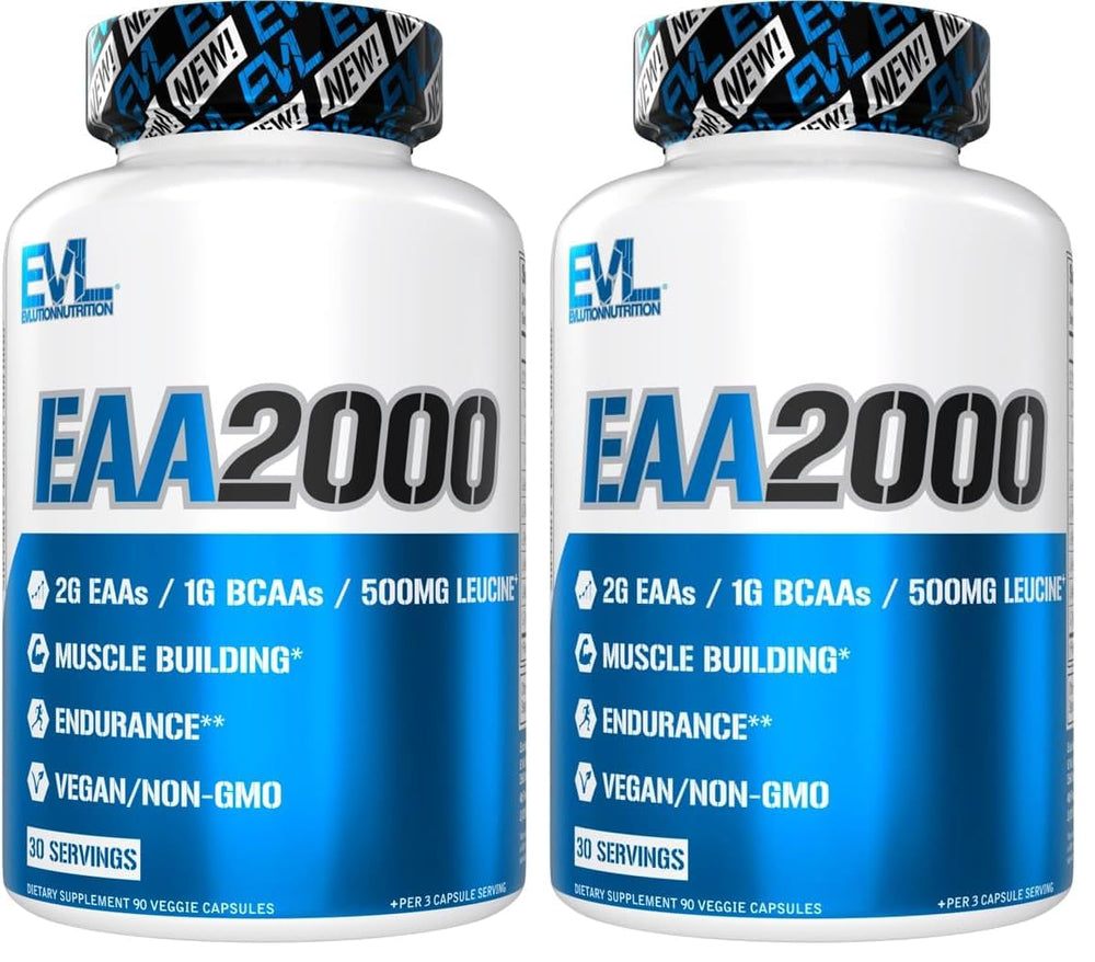Evlution EAA2000 bottle front, ready for pre- or post-workout fueling.