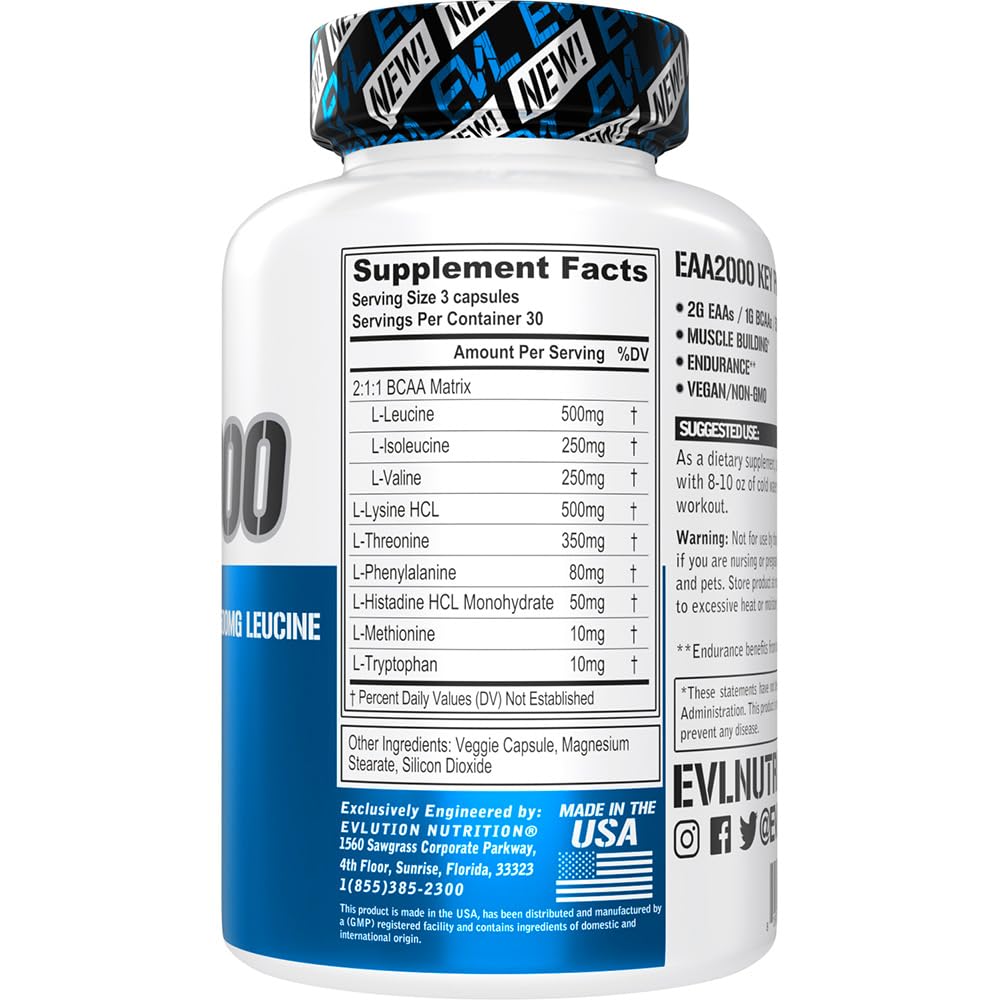 Evlution EAA2000 capsules close-up, convenient workout capsules for energy.