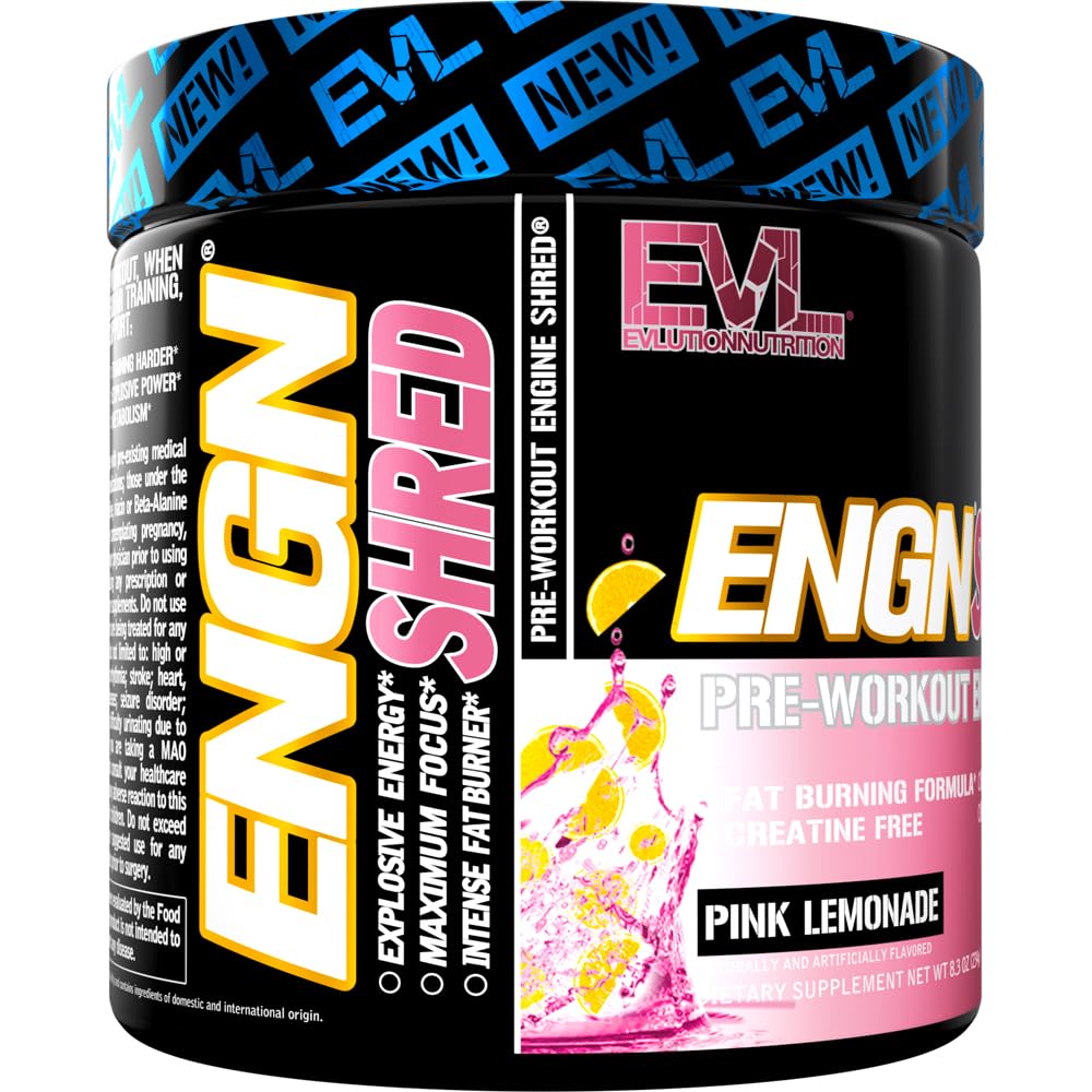 EVL ENGN Shred logo visible on the tub signaling trusted pre-workout quality.