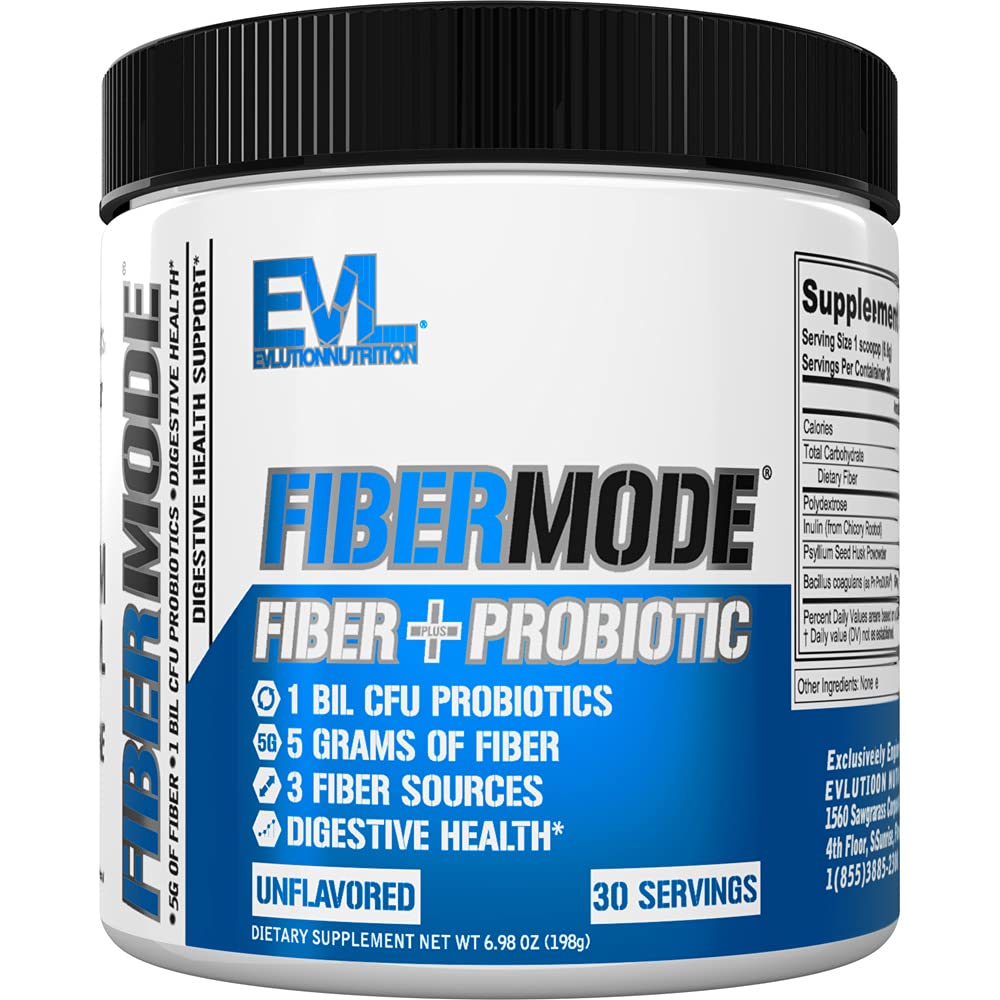 Polvo sin sabor de Evlution FiberMode en envase, ideal para mezclar en bebidas.