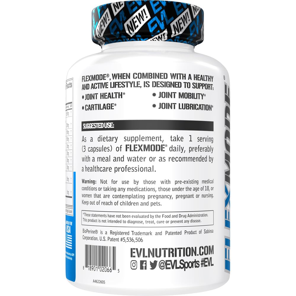 Evlution FlexMode bottle with ingredients list suitable for joint care.