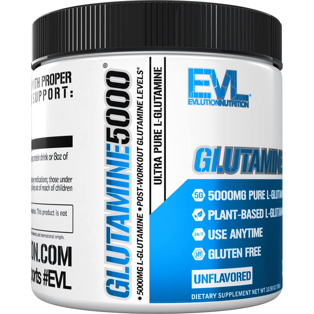 EVLution L-Glutamine label shows 5 g serving size.