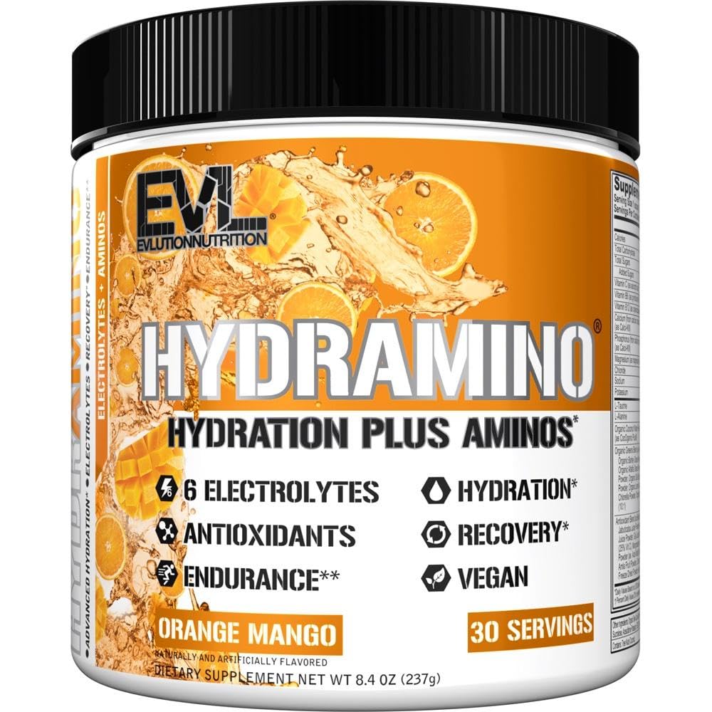 Evlution Hydramino bottle in Orange Mango flavor aids quick hydration after workouts