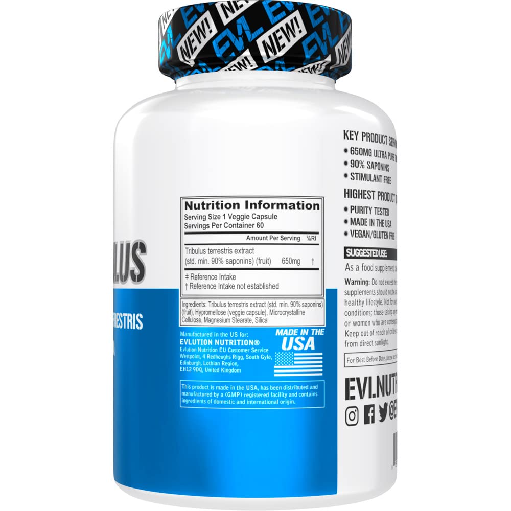 EVLution Tribulus label close-up highlighting vegan non-GMO formula