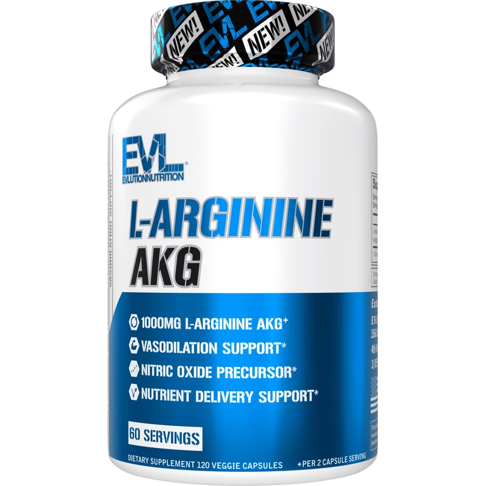 Evlution L-Arginine AKG capsules for vasodilation support and nutrient delivery.