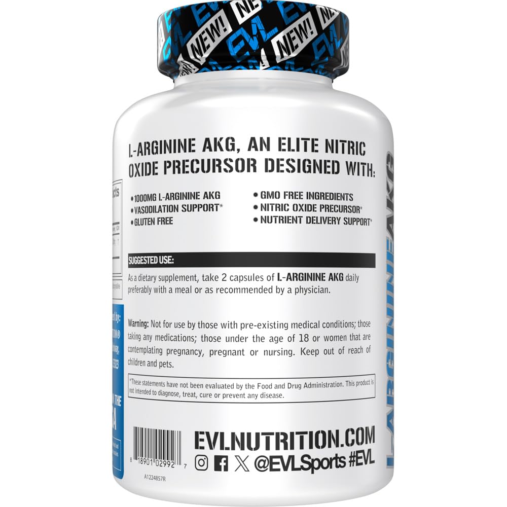 Nutritional facts panel on Evlution L-Arginine AKG bottle for informed dosing.