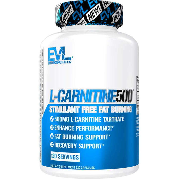 EVLution L-Carnitine 500mg bottle-front view showing label and dose details for easy use
