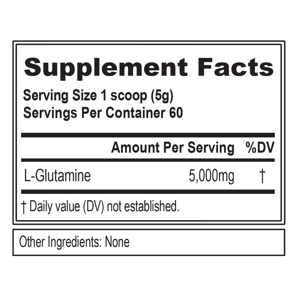EVLution L-Glutamine powder with scoop showing 5 g serving for recovery.
