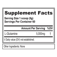 EVLution L-Glutamine powder with scoop showing 5 g serving for recovery.