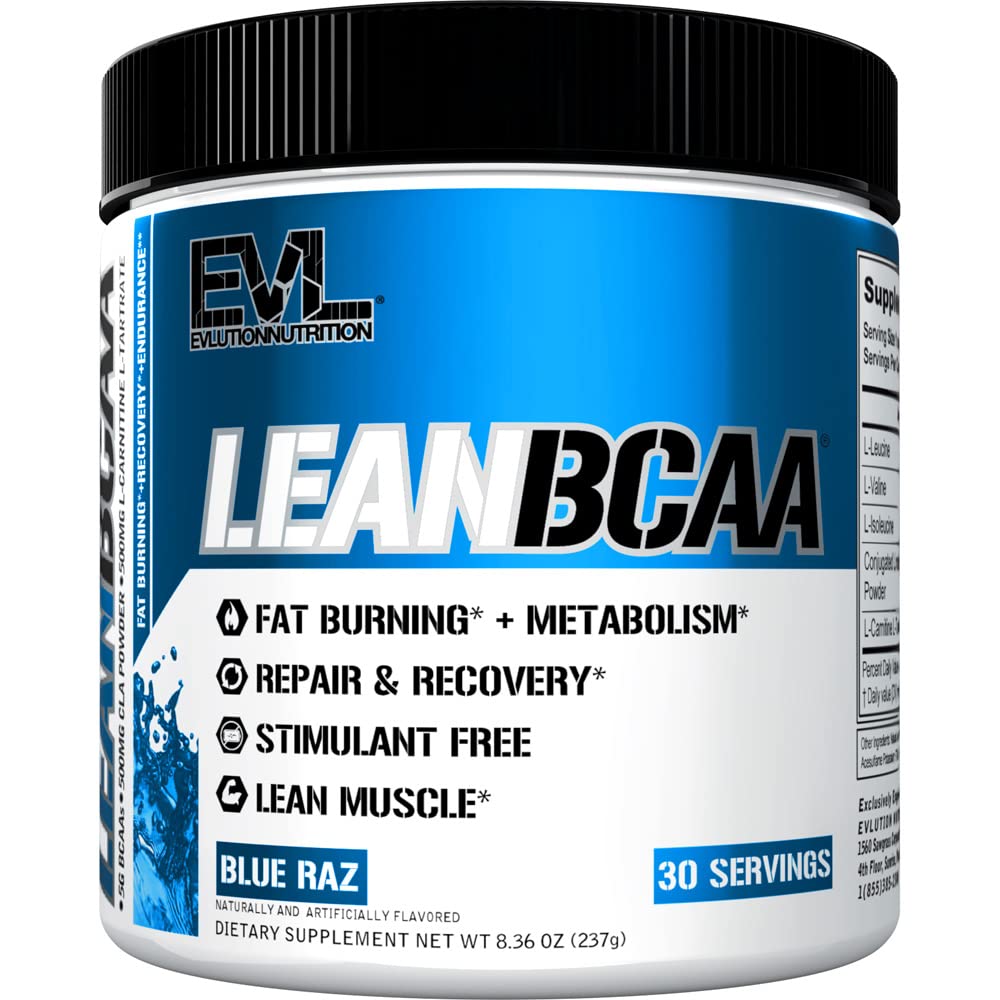 EVLUTION Lean BCAA powder tub in Blue Raz supporting post-workout recovery.