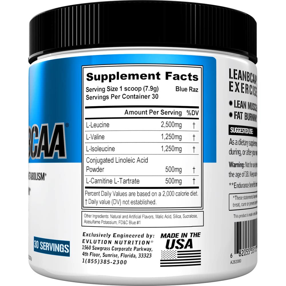 EVLUTION Lean BCAA with CLA and carnitine ingredients close-up.