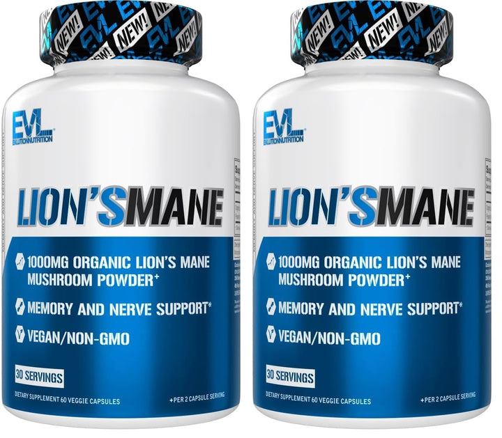 Evlution Lion's Mane capsules bottle supports focus and mental clarity.