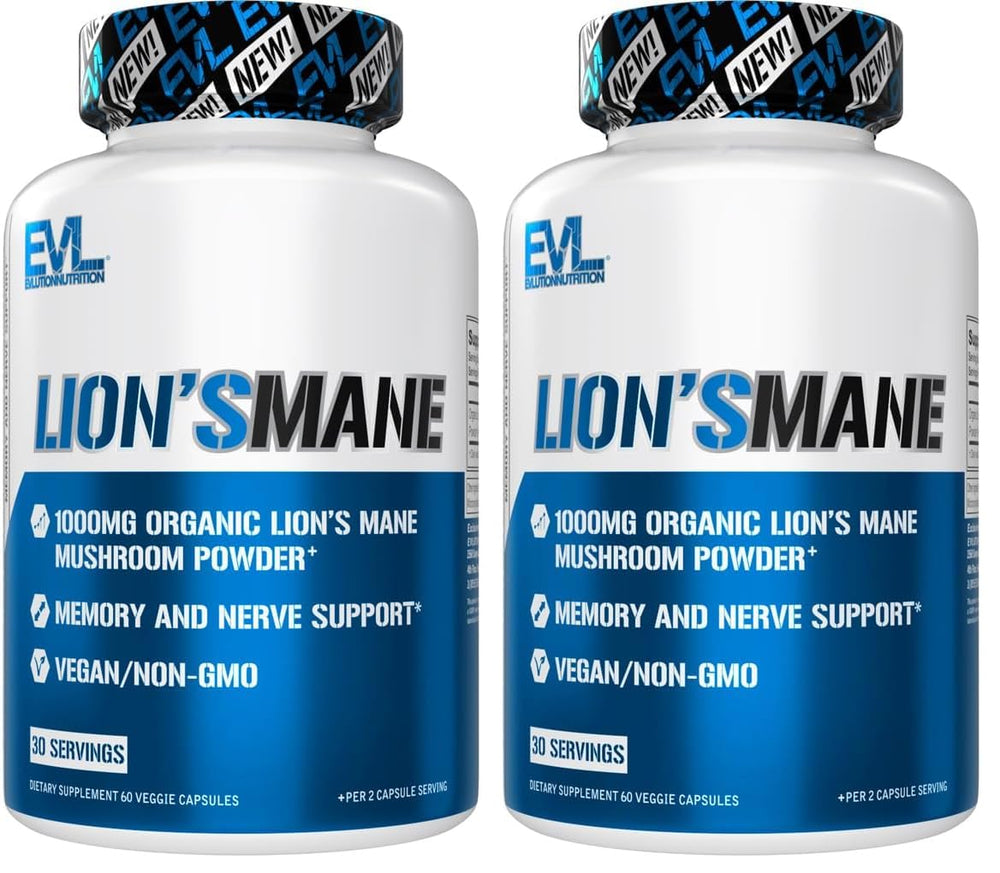 Evlution Lion's Mane capsules bottle supports focus and mental clarity.