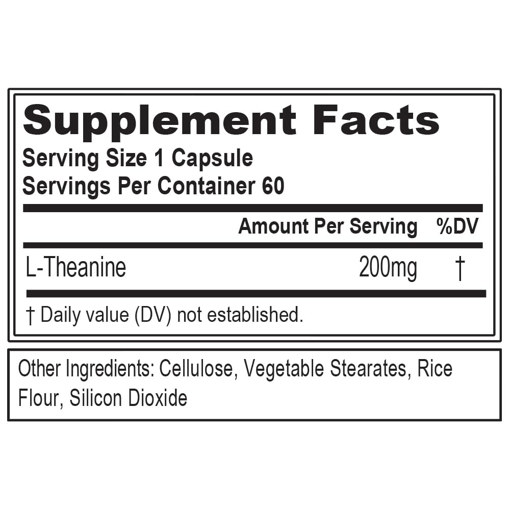 Evlution L-Theanine 200mg capsules back view showing vegan non-GMO formula