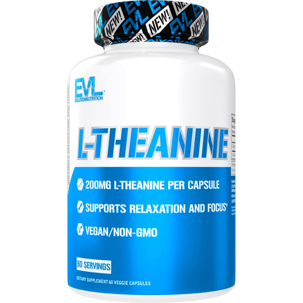 Evlution L-Theanine 200mg capsules bottle promotes focused daytime calm