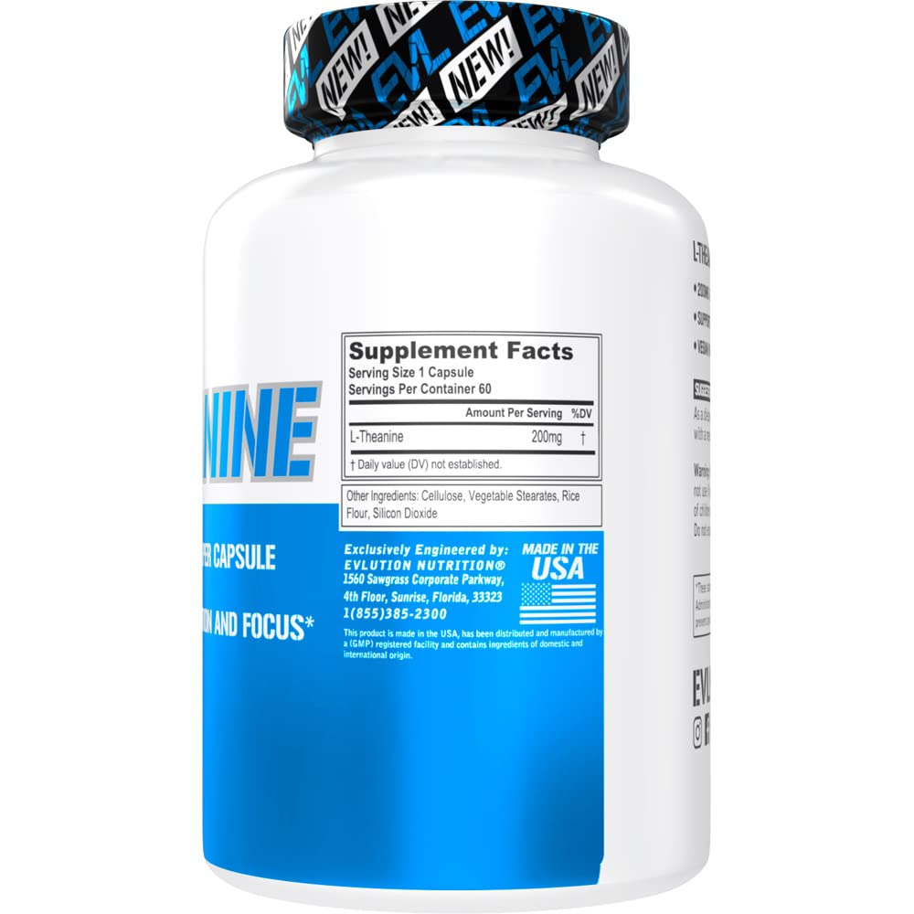Evlution L-Theanine 200mg capsules close-up highlighting calm focus