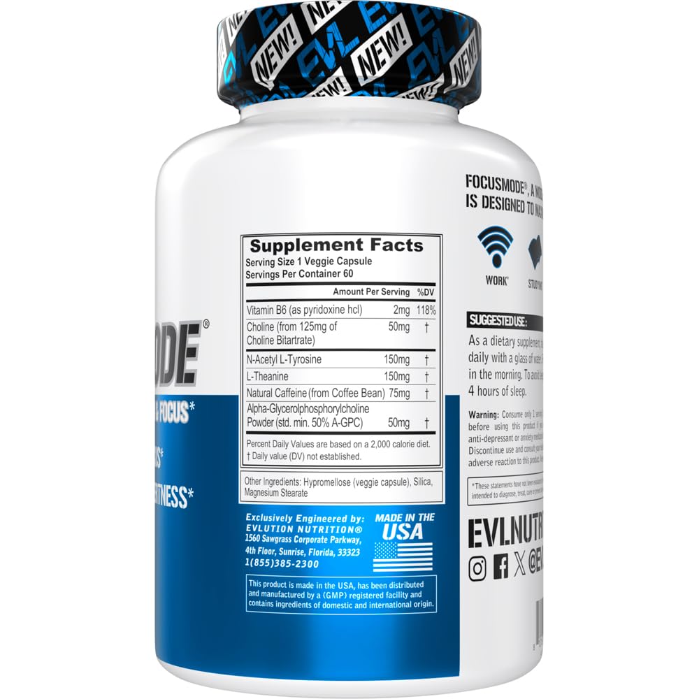 Evlution Nutrition label closeup highlighting Alpha GPC and L-Tyrosine for clarity.