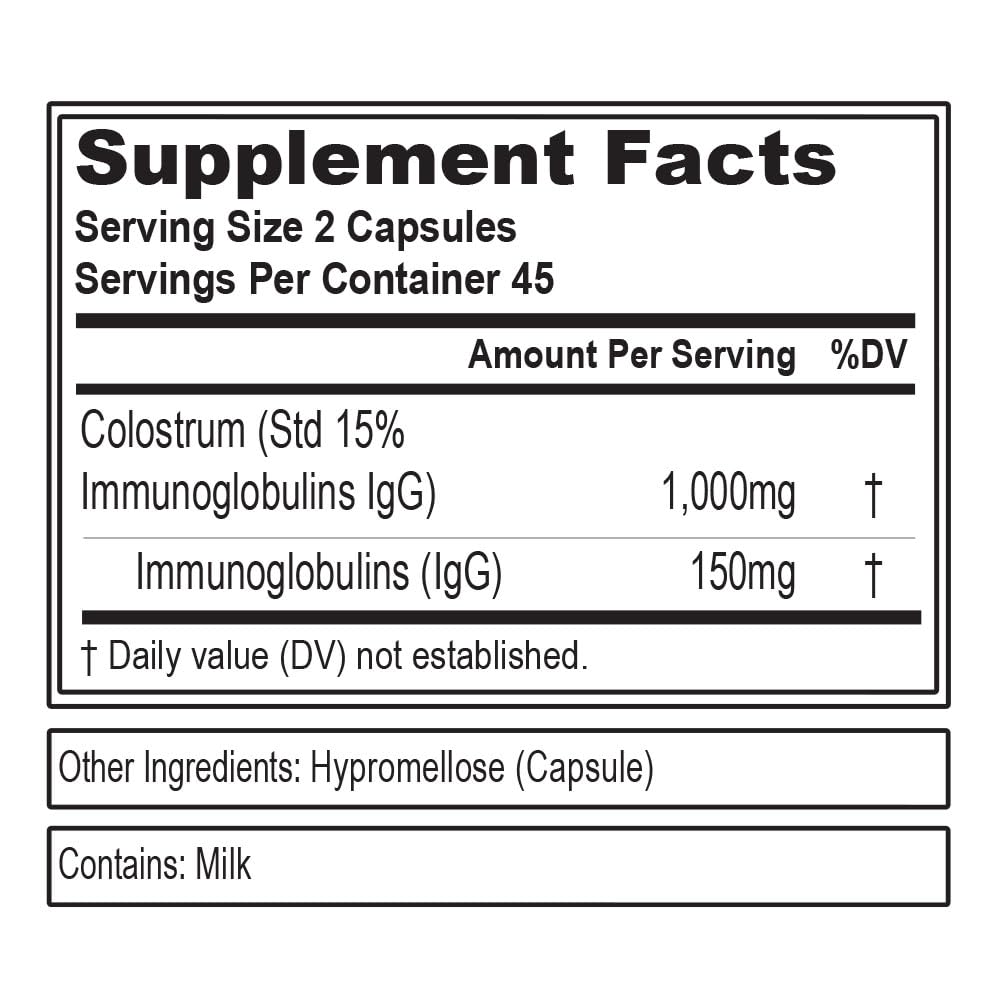 EVL Colostrum label highlighting gluten-free and non-GMO status.
