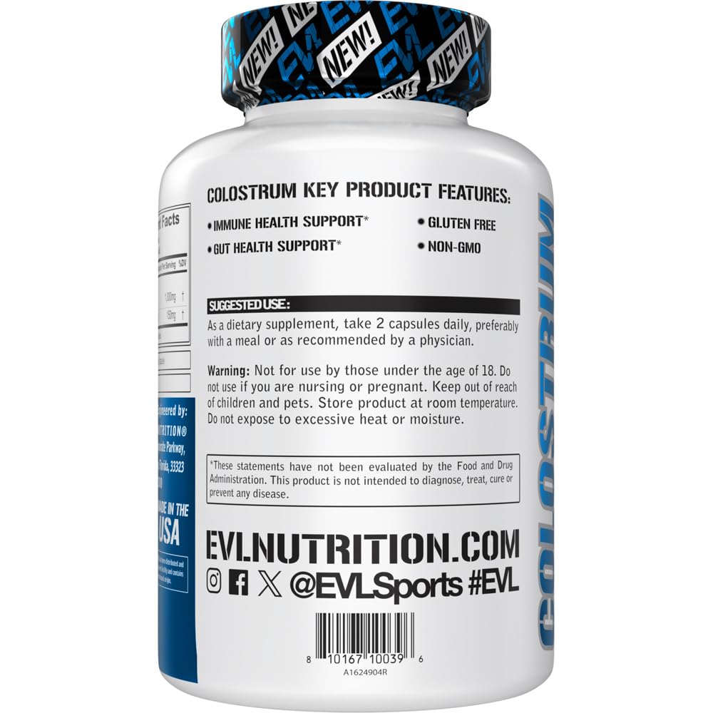 EVL Colostrum packaging shows 45 servings for ongoing support.