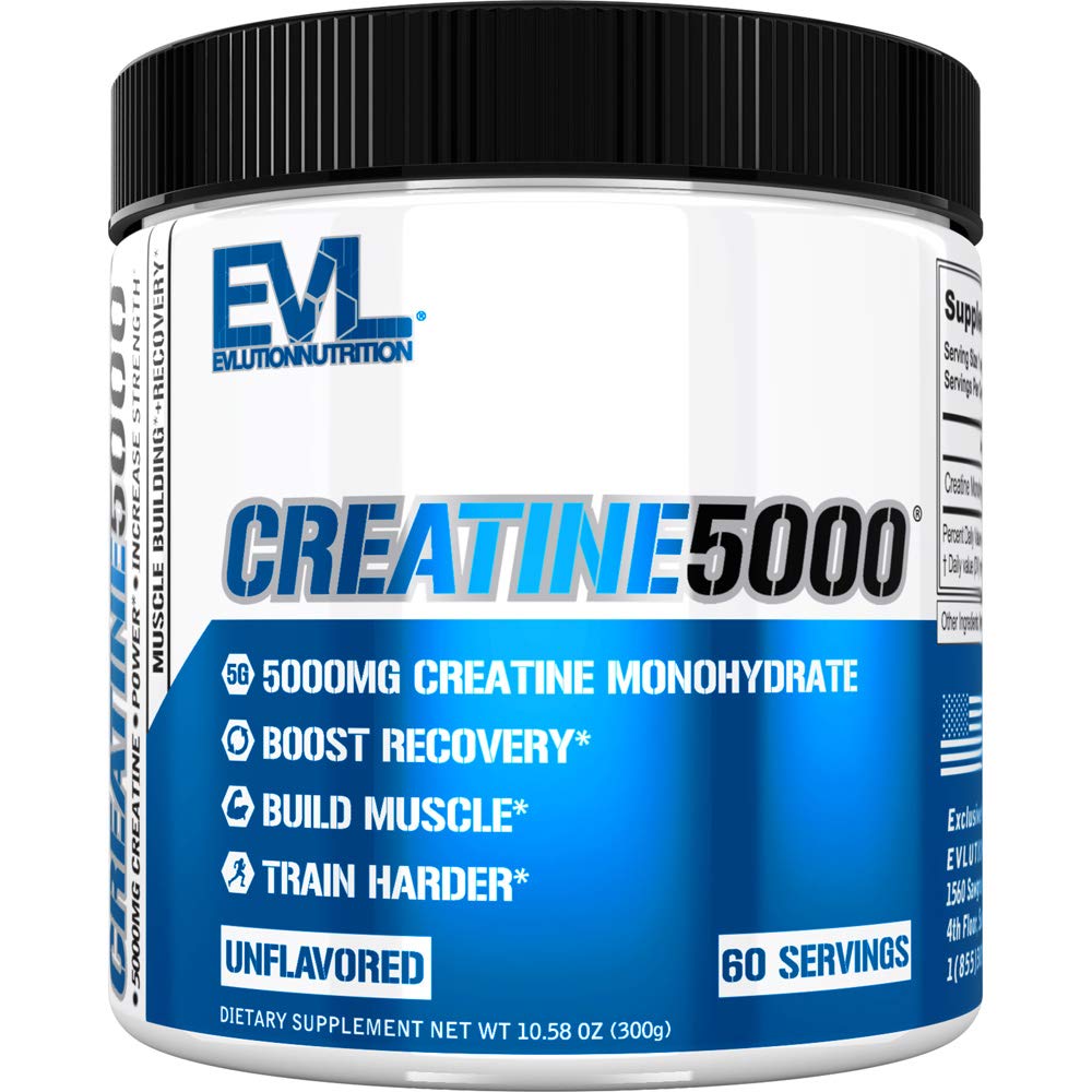 Evlution Nutrition Creatine 5000 bottle front view for enhanced workout support.