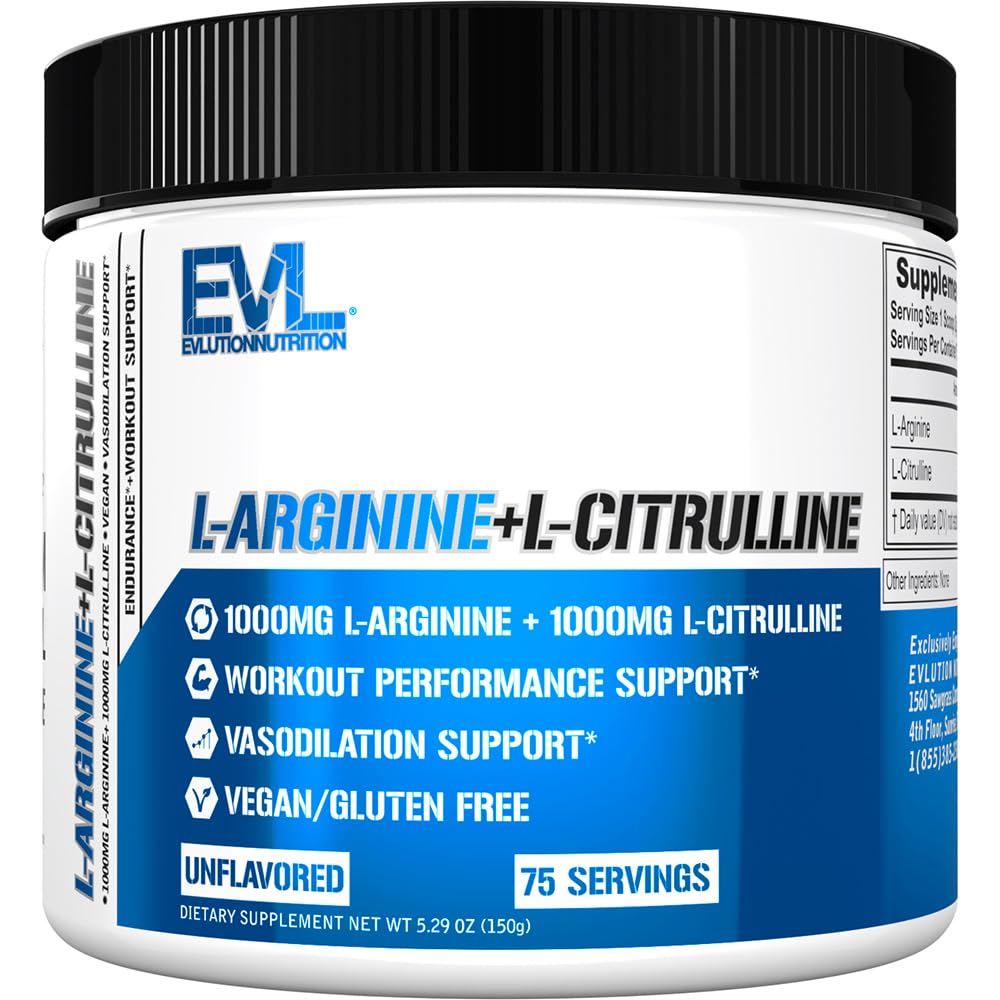 EVLUTION Nutrition L-Arginine + L-Citrulline bottle closeup for nitric oxide support during workouts