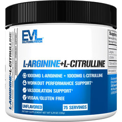 EVLUTION Nutrition L-Arginine + L-Citrulline bottle closeup for nitric oxide support during workouts