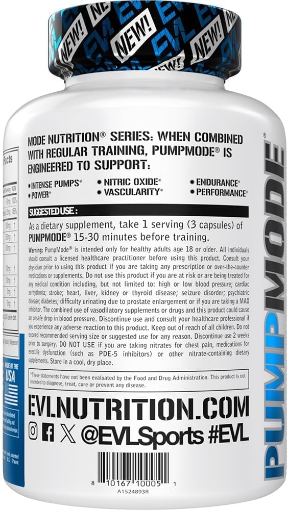 EVL PumpMode bottle side panel with supplement facts and gluten-free notes