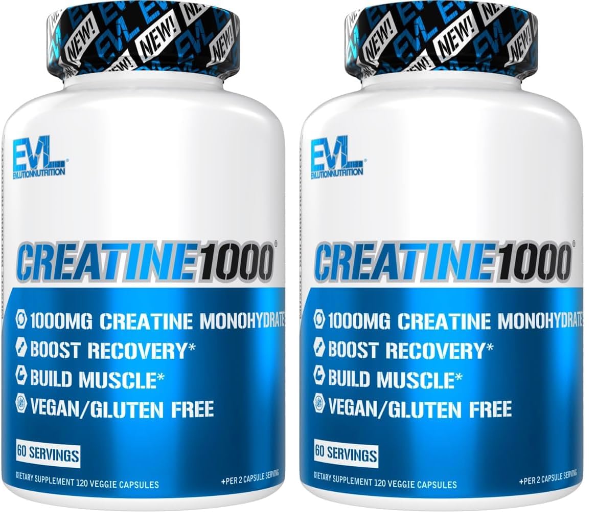 EVLution Pure Creatine Monohydrate capsules bottle for daily workouts and energy support.
