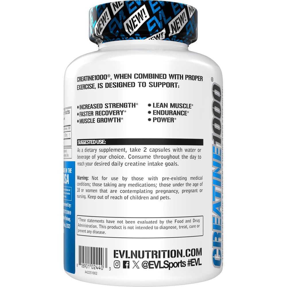 EVLUTION Pure Creatine Monohydrate packaging emphasizes vegan formula and cGMP quality