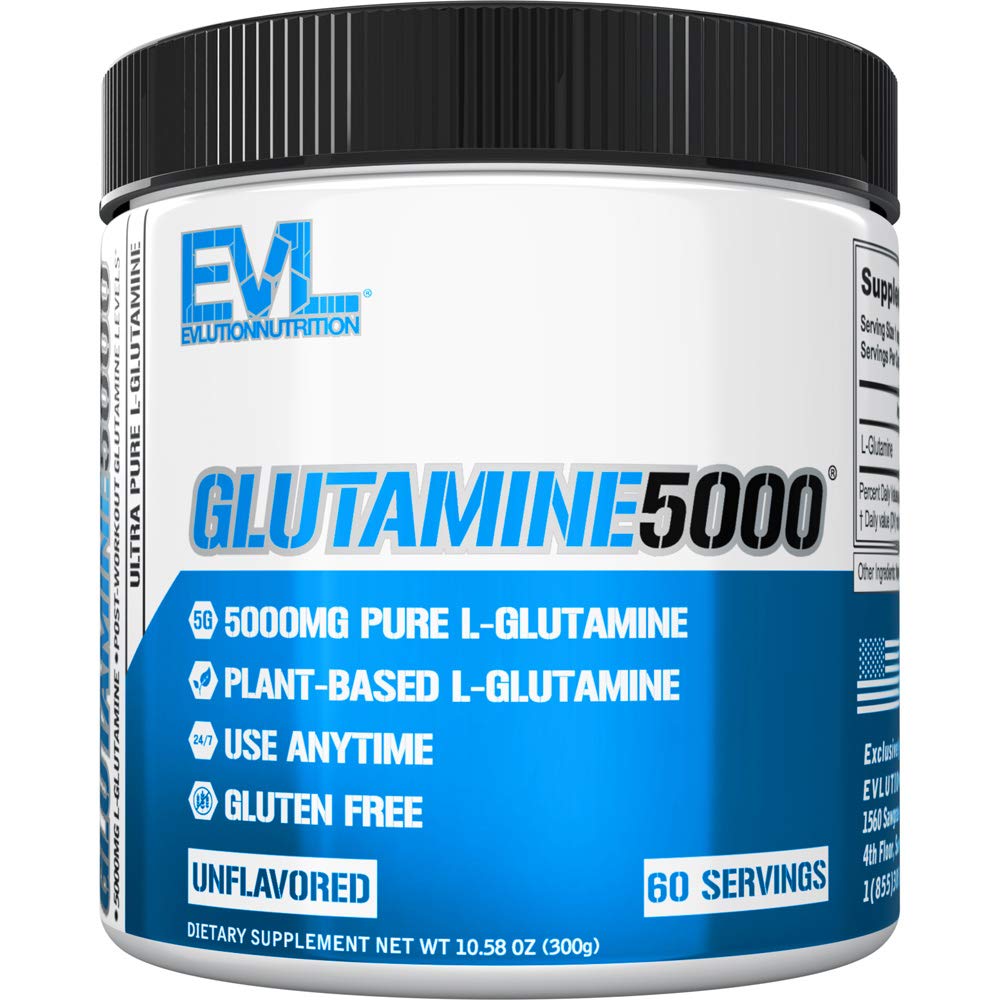 EVLution Pure Vegan L-Glutamine bottle in unflavored formula for recovery.