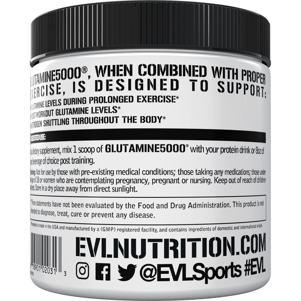 EVLution L-Glutamine packaging highlighting plant-based, post-workout support.