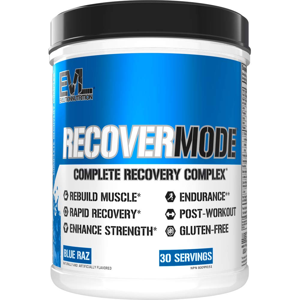Evlution Recover Mode blue raz bottle supports post-workout recovery.