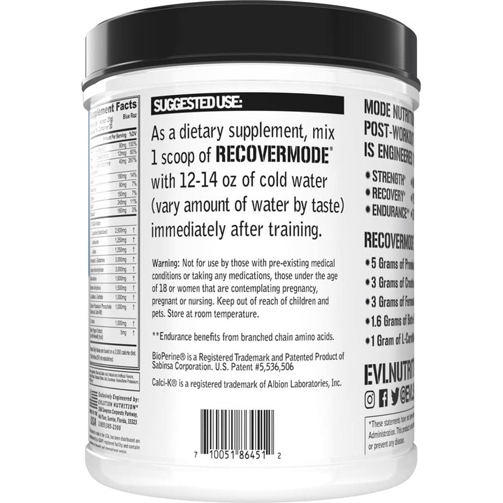 Evlution Recover Mode gluten-free seal highlights clean ingredients.