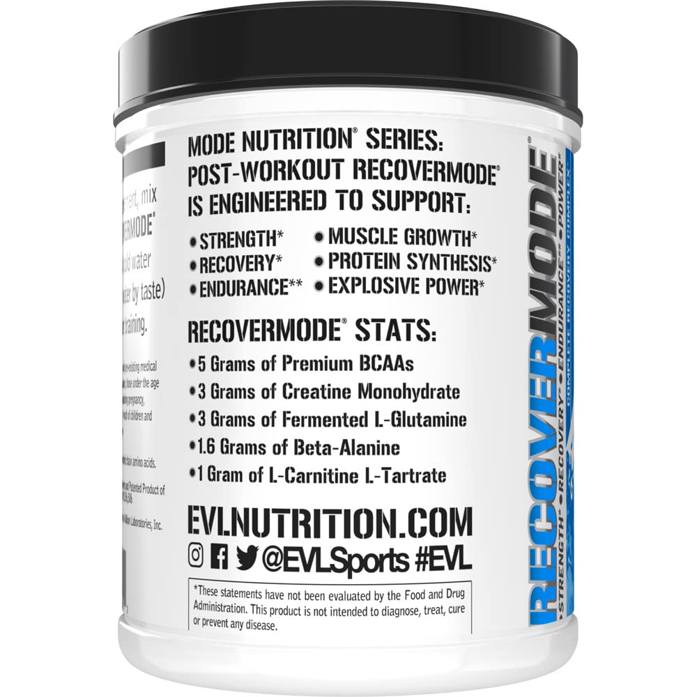 Evlution Recover Mode transparent-label bottle shows full ingredient dosing.