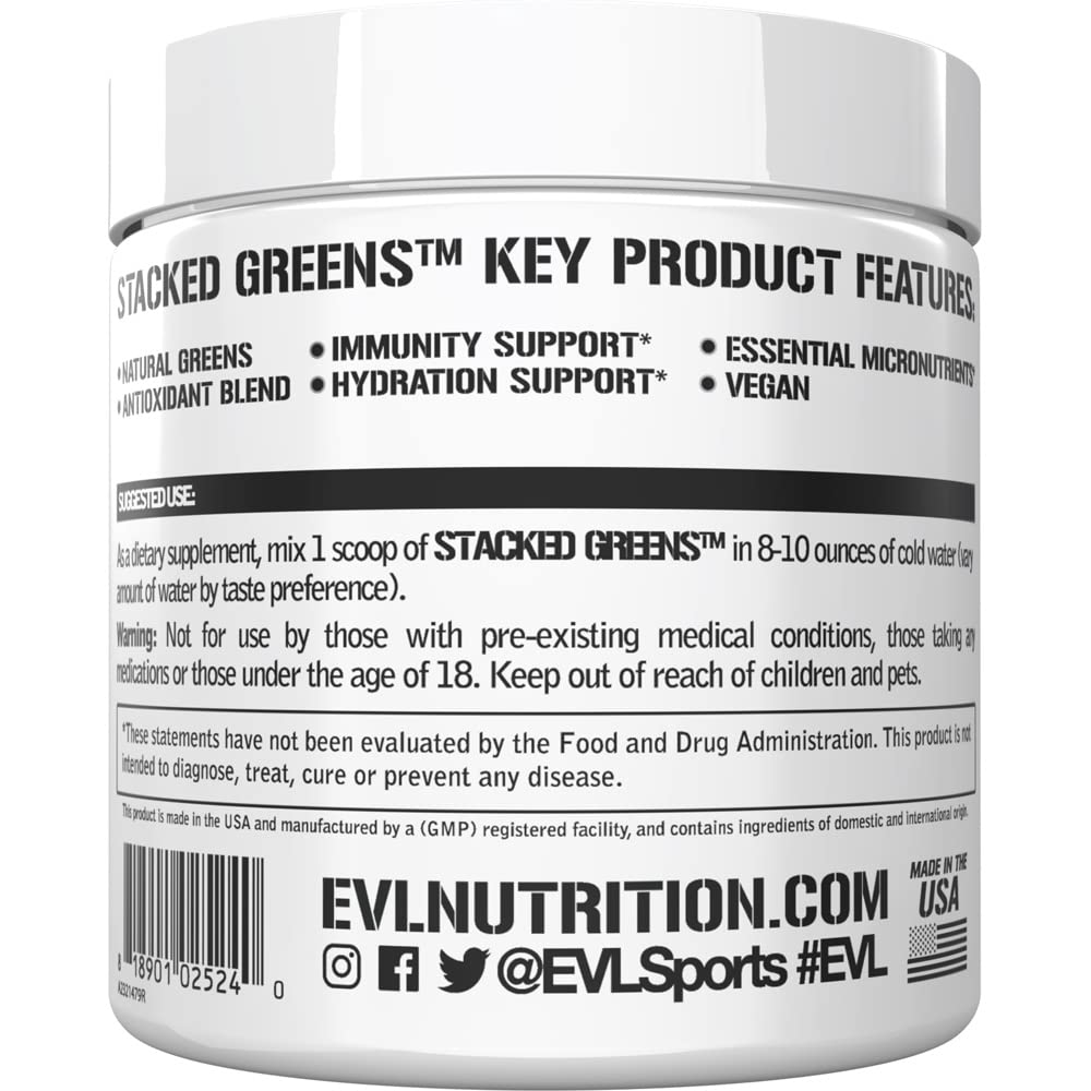 EVLution Stacked Greens ready-to-mix powder beside glass of water conveys convenience.