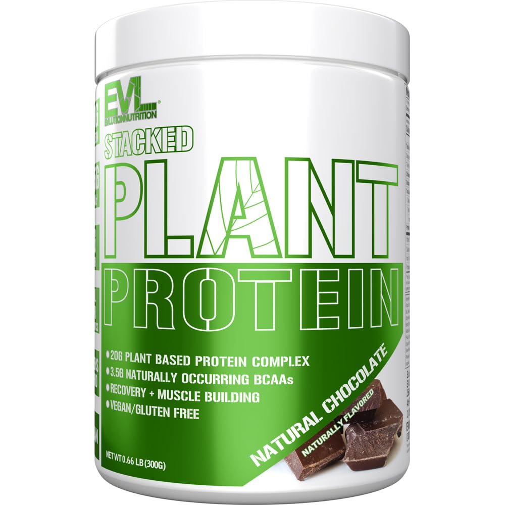 Evlution Stacked Plant Protein bottle showing vegan protein for everyday energy.