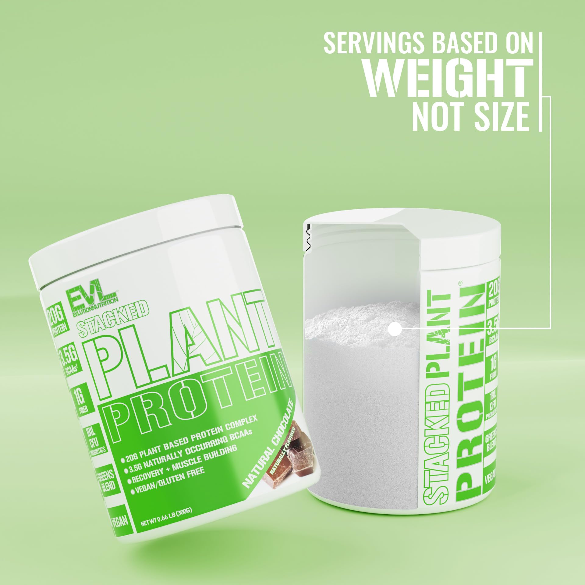Evlution Stacked Plant Protein label indicates probiotics for gut-friendly nutrition.