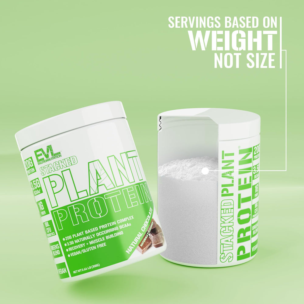 Evlution Stacked Plant Protein label indicates probiotics for gut-friendly nutrition.