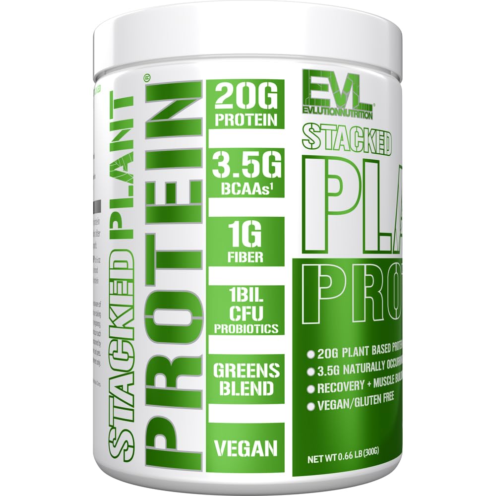 Evlution Stacked Plant Protein natural chocolate flavor with fiber and BCAAs.