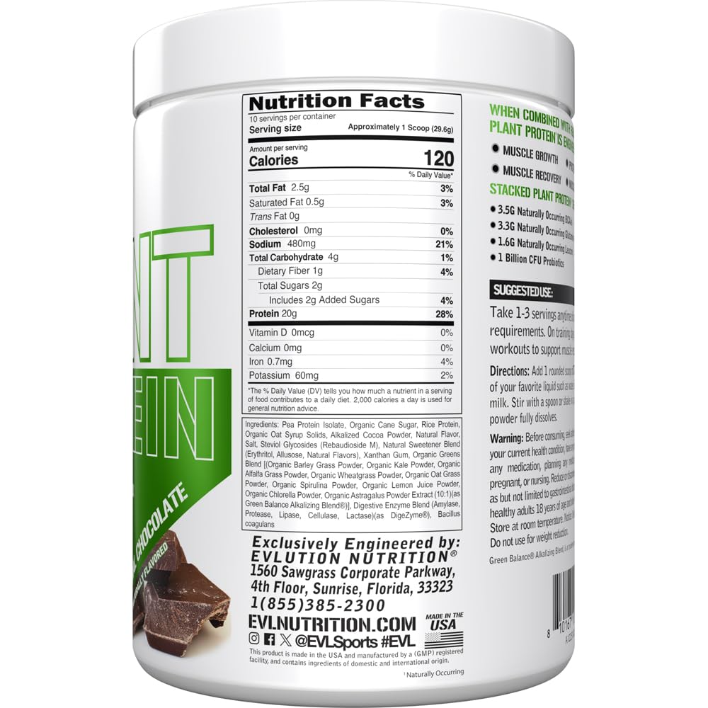 Evlution Stacked Plant Protein scoop highlights convenient daily protein intake.