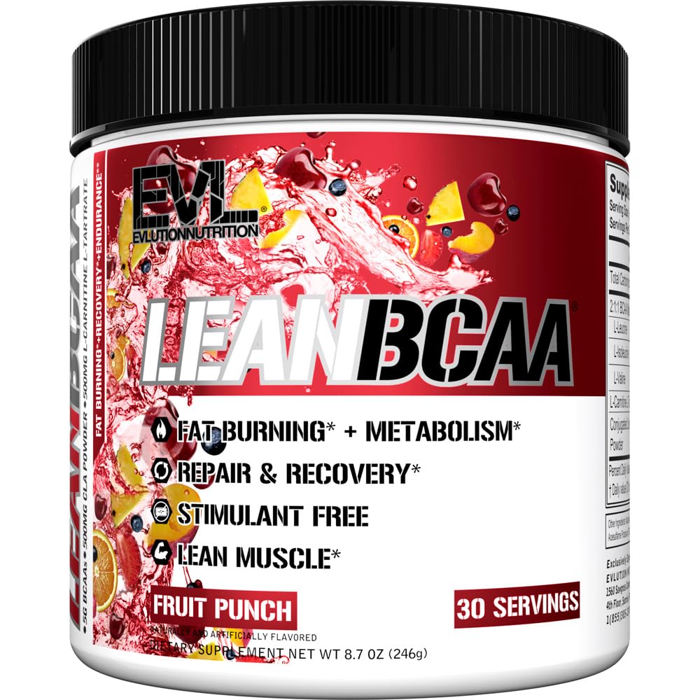 Evlution Stimulant Free Lean BCAA powder in a tub for post-workout recovery and metabolism support.